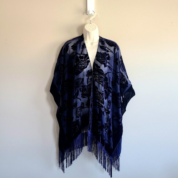 large shawl Accessories - Dark blue shawl/wrap/cover with velvet roses.